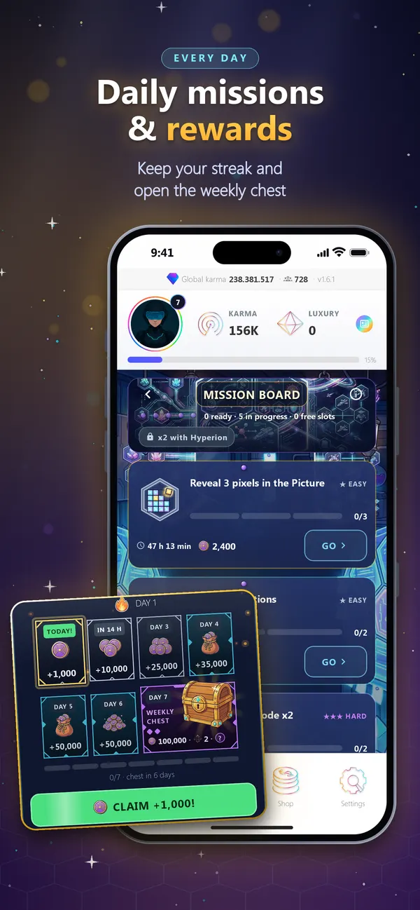 Daily missions & rewards: Equity Game App Store screenshot